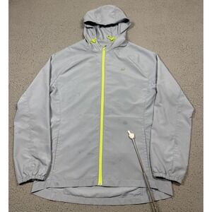 ASICS Jacket Womens Medium Blue Hooded Full Zip‎ Running Windbreaker Reflective